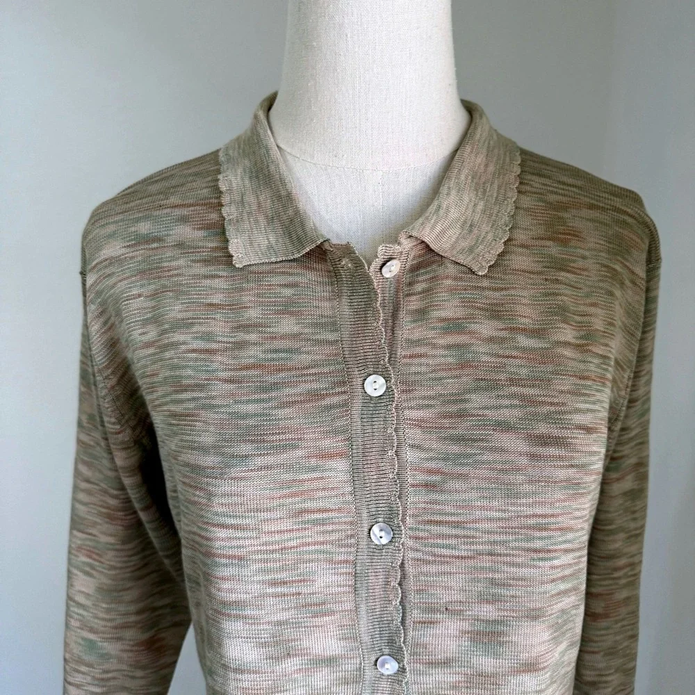 Vintage 100% Silk Space Dye Cardigan Scalloped Polo Medium Feminine Delicate